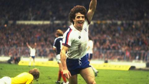 Kevin Keegan celebrates his goal during a match against Scotland at Wembley Stadium in 1979