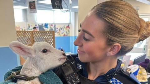 A policewoman holding Larry the lamb and smiling at him at what looks like a police HQ.