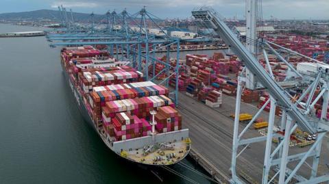 A large container ship docked in a port