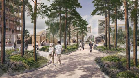 An artists impression of how Metro Riverside will look. People walk along paths and between shrubs and pine trees. An apartment building stands to the left and in the distance.