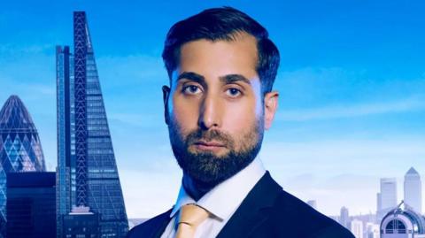 Munaf dressed in formal business attire, wearing a black suit jacket, a white dress shirt, and a light yellow tie. The background features a cityscape with several iconic modern skyscrapers, including the Gherkin and the Leadenhall Building.