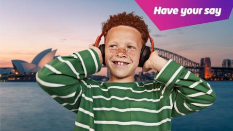 A boy holding headphones in front of Sydney harbour, in the top right is a graphic that reads: have Your Say. 