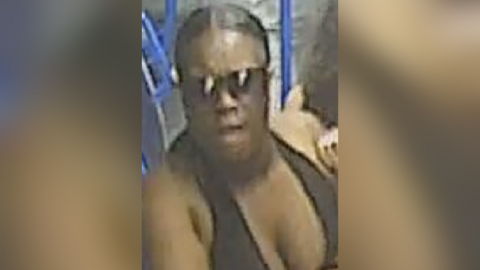 CCTV photo shows a black woman with dark hair, sunglasses and black top.  