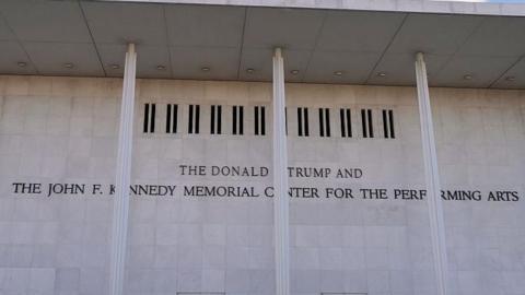 Facade of the Kennedy Center building with "The Donald J. Trump" added.