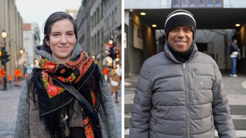 A split screen image showing a woman wearing a scarf and a man wearing a beanie.