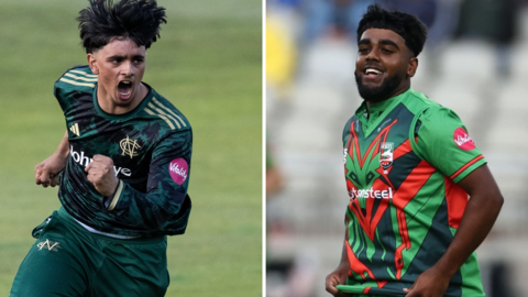 Split image of Nottinghamshire's Farhan Ahmed and his brother and Leicestershire player Rehan Ahmed