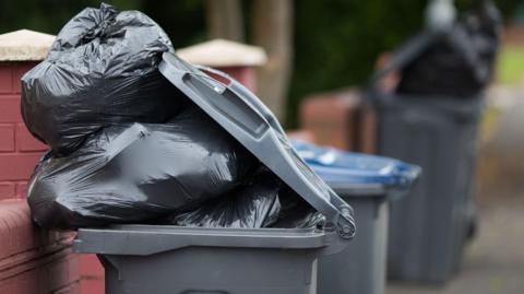 Black bags bulging out of a bin