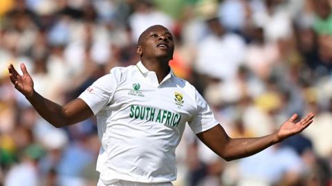 South Africa's Kasigo Rabada celebrates his five-wicket haul against Australia