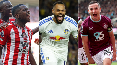 Split graphic: Sunderland's Eliezer Mayenda, Leeds' Lukas Nmecha and Burnley's Josh Cullen celebrate