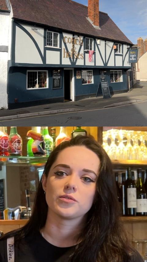 Woman with brown hair stood in front of bar and exterior of pub.