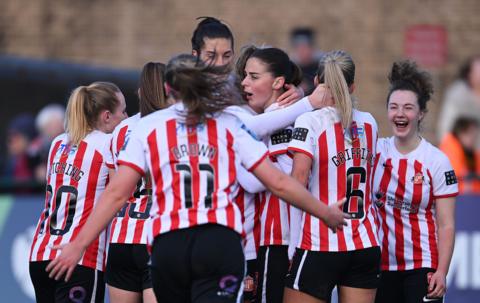 Sunderland women celebrate scoring a goal against Durham last season