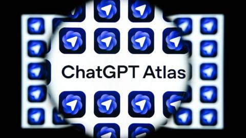 A graphic of a magnifying glass over a screen, highlighting the words "ChatGPT Atlas". The logo, a white arrow in a blue circle, surrounds the text.