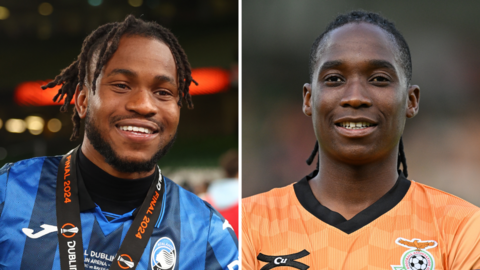 A composite image showing Ademola Lookman smiling as he wears a blue Atalanta shirt and medal around his neck, and Barbra Banda smiling as she looks into the camera wearing an orange Zambia shirt