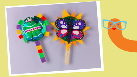 Image of stick puppets next to a cartoon orange worm with blue glasses
