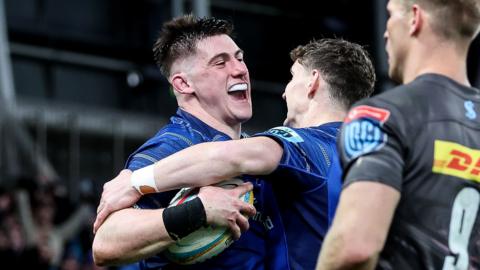 Dan Sheehan celebrates a try