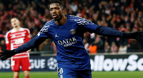 Ousmane Dembele celebrates scoring for Paris St-Germain against Brest in the Champions League