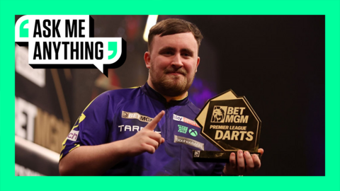 Luke Littler with a Premier League Darts trophy and an Ask Me Anything border around it