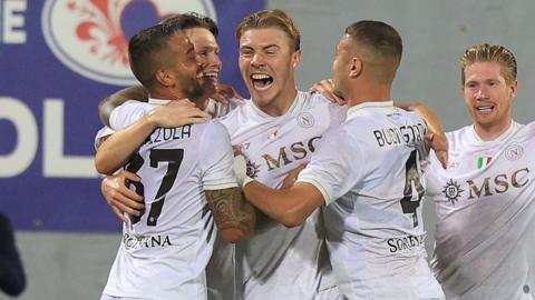 Rasmus Hojlund celebrates scoring on his Napoli debut