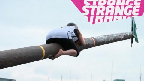 A person climbing a greasy pole and the Strange logo