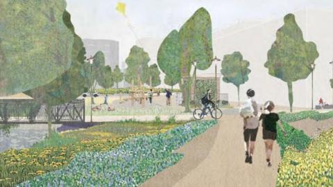 An artist's impression of Tonbridge & Malling Borough Council's vision for the town. It features a walk way, lined with trees, flowers and vegetation and people walking and cycling around the town centre.