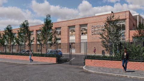 Artist's impression of the new two-storey redbrick building with large vertical windows. The building is behind a small redbrick wall with black railings and four large trees.