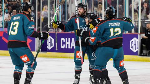 Bo Hanson celebrates his goal for the Belfast Giants