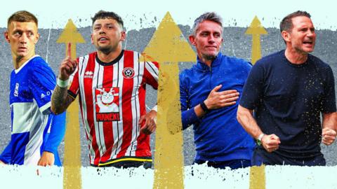 (Left to right) Birmingham striker Jay Stansfield, Sheffield United midfielder Gustavo Hamer, Ipswich head coach Kieran McKenna and Coventry boss Frank Lampard.