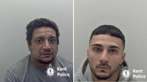 Police mugshots of men in grey clothing. 