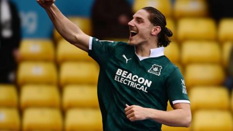 Lorent Tolaj celebrates scoring for Plymouth Argyle