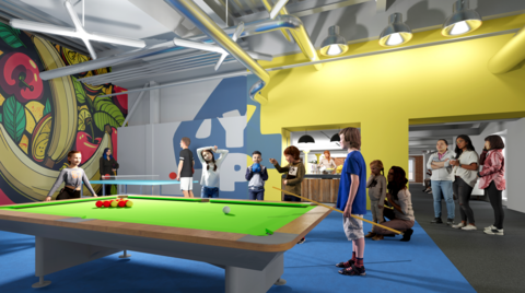An artist's impression of what the interior of the youth hub could look like. Children play pool together while others watch on. 