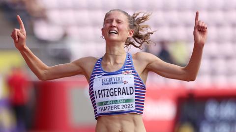 Innes Fitzgerald crosses the line to win 3,000m gold at the European Under 20 Championships