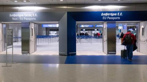 EU - Schengen Zone Countries and Non-EU countries Passport control at Athens International Airport in Greece