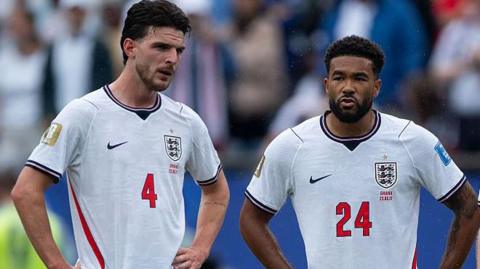 Declan Rice and Reece James stand with their hands on their hips during the draw against Ghana