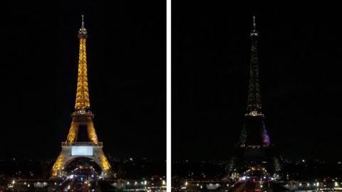 Two images of the Eiffel Tower at night with its lights on and then off