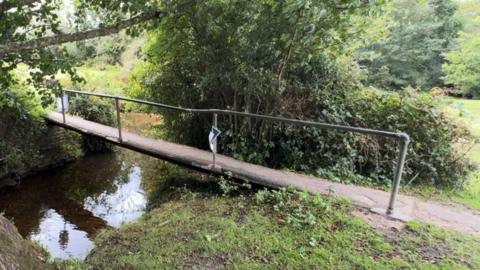 Picture shows a concrete bridge over a stream in the New Forest. Part of the pathway leading onto the bridge is slightly crumbling.