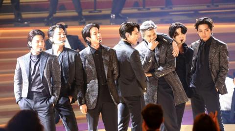 BTS performs onstage at the 64th Annual Grammy Awards held at the MGM Grand Garden Arena on April 3rd, 2022 in Las Vegas, Nevada.

