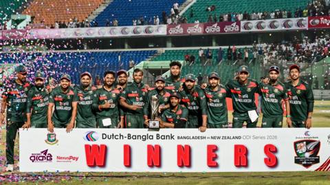 Bangladesh with the ODI series trophy