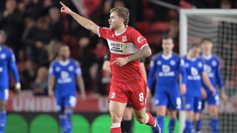 Middlesbrough's Riley McGree raises a finger in celebration