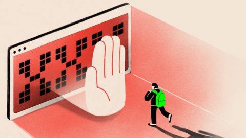 An illustration showing a computer screen with a hand in front of it, and a person with a backpack walking towards it.