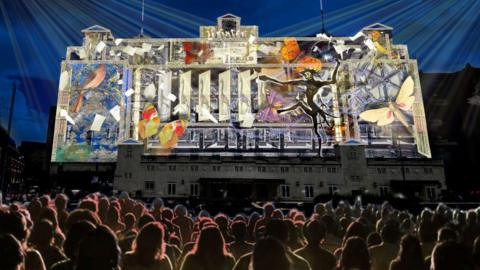 How the artwork will look when it is projected onto the Queen's Hotel 