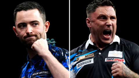 A split graphic of Luke Humphries and Gerwyn Price