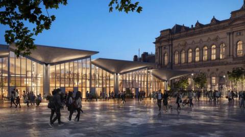 Artist impression of the former market building with new public square for outdoor cultural events, Huddersfield