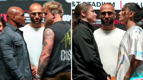 Mike Tyson and Jake Paul face-off (left) Katie Taylor and Amanda Serrano face-off (right)