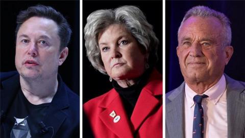 A composite photograph of Elon Musk, wearing his signature blazer and t-shirt combination as he's interviewed, Susie Wiles, who has a cropped grey hair do, in a black turtleneck and red jacket, and RFK Jr with short grey hair, wearing a navy tie with flamingos on and a grey suit