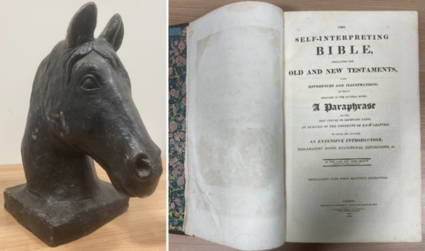 Two images side by side. One is of a black horse's head ornament on a square base. The second is of a giant Bible which is open to its title page.