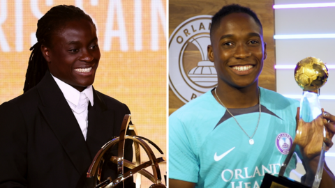 A composite image of Tabitha Chawinga and Barbra Banda smiling as they hold up awards