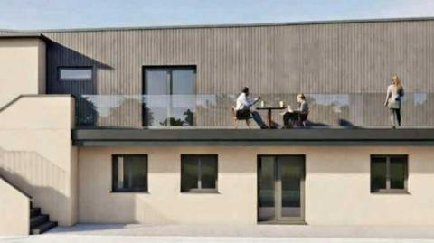 A rendered image of a two-storey building with people sat on a balcony.