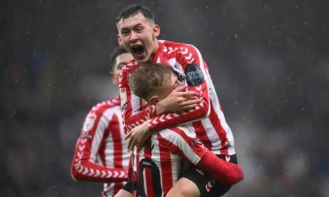 Sunderland teenager Tom Watson celebrates his first goal for the club in the 2-1 win against Stoke City