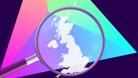 A graphic showing a magnifying glass looking at a map of the United Kingdom. In the background is a multicoloured triangle.