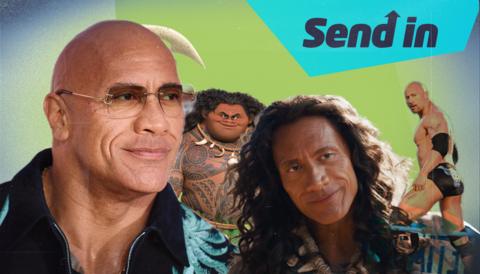 Composite image of the Dwayne the Rock Johnson, one as his normal appearance, another image shows the animated Maui, followed by the live action version with the rock with a dark curly wig. Another image shows the rock standing on a wrestling ring rope. 